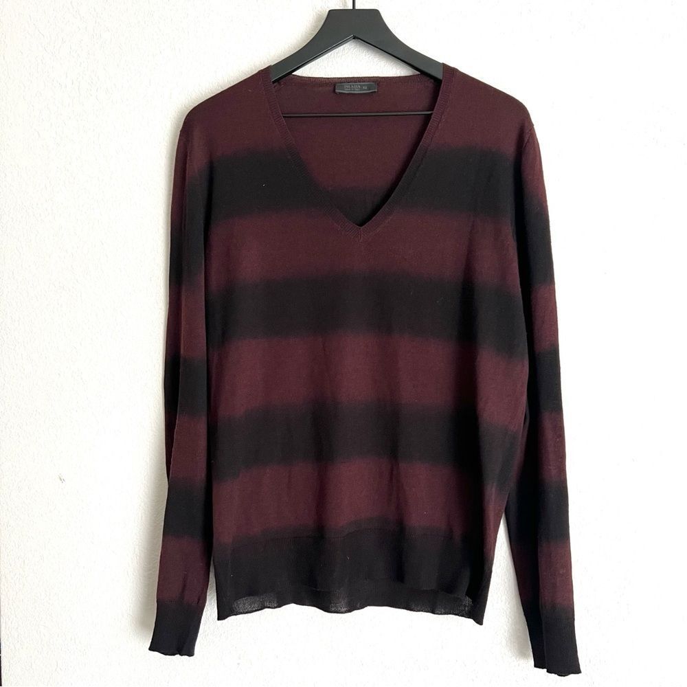 PRADA MILANO Striped V Neck Sweater Wool Silk Men’s Size 52 (US M) Red Black